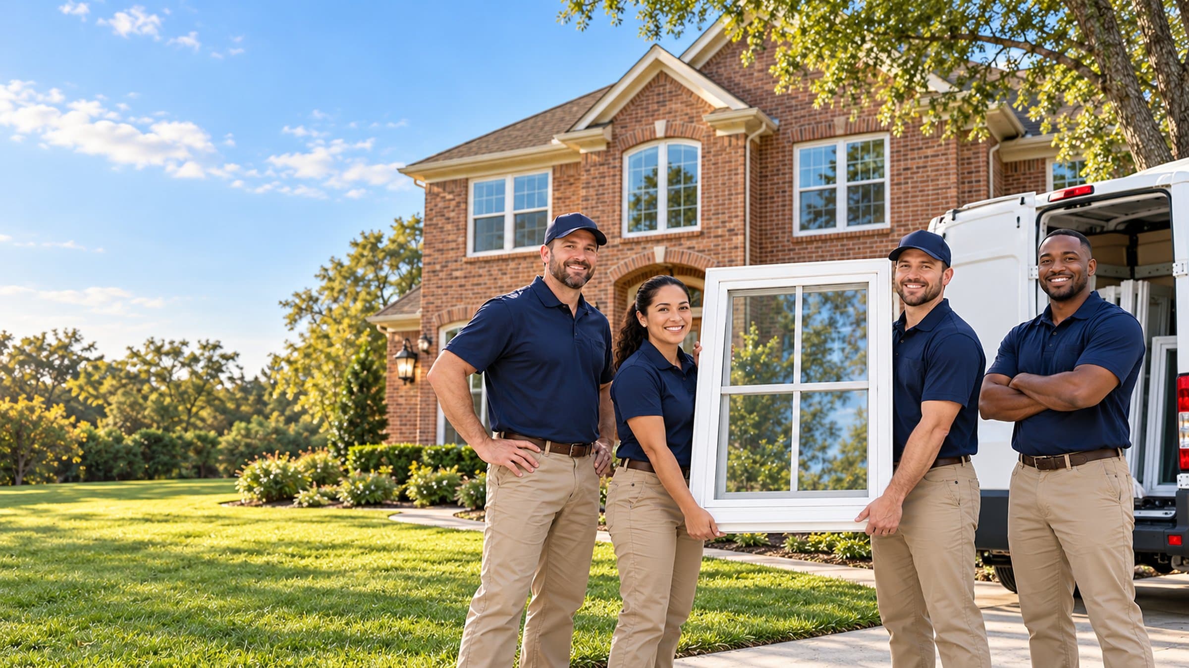 Four installers in navy shirts stand with a white window beside a work van and a red-brick Texas home.