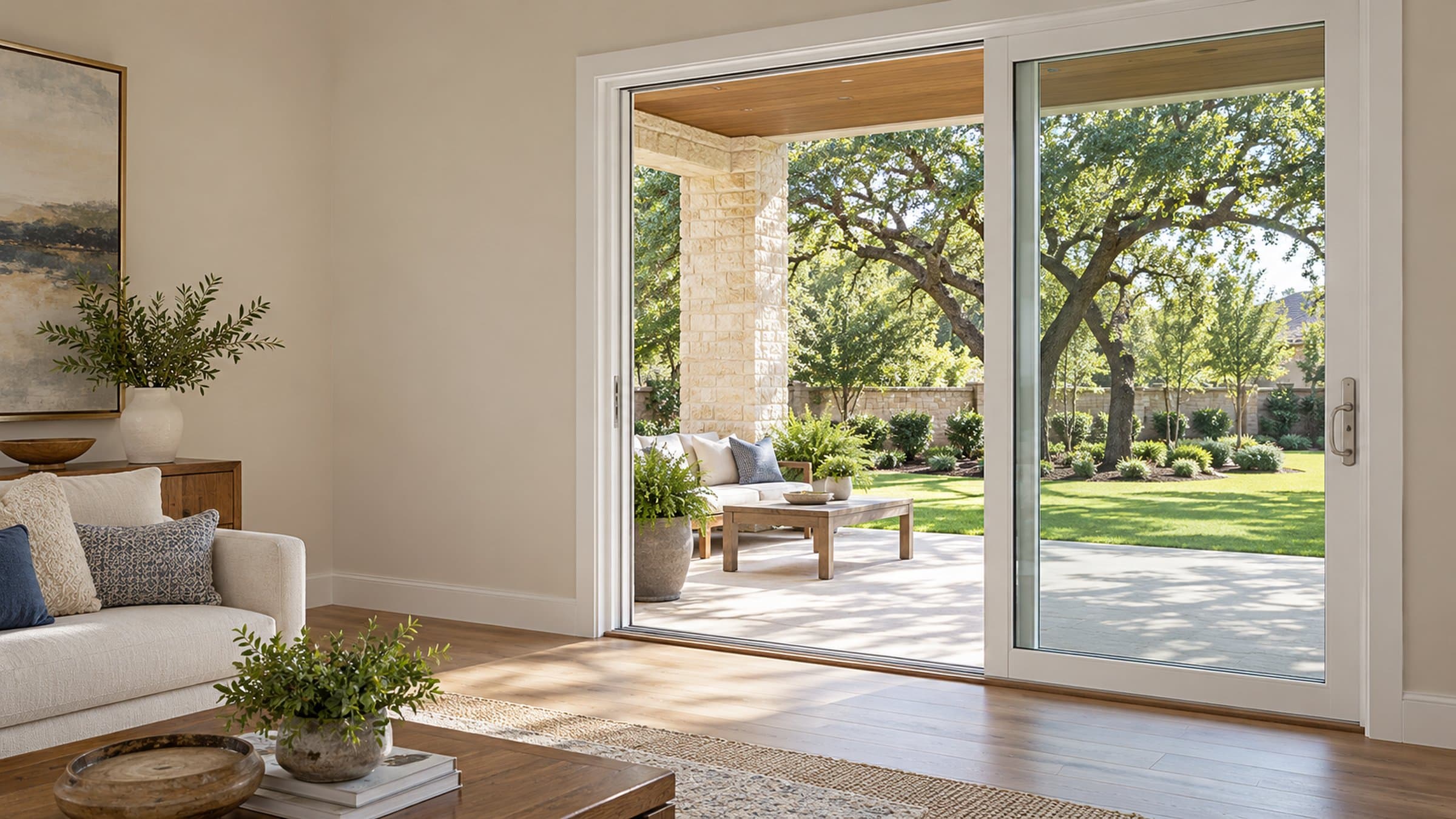 A bright living room opens through white sliding doors to a green lawn.
