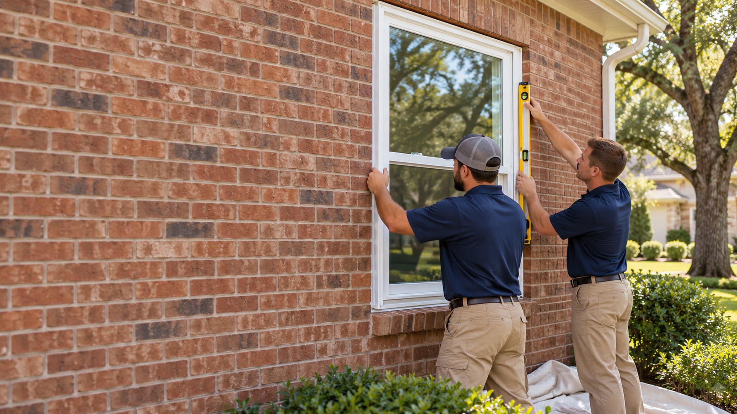 Two installers fit a white window into a brick opening.